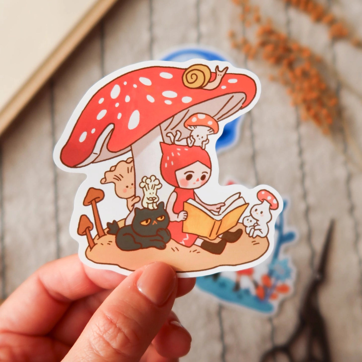 A whimsical set of 3 vinyl stickers featuring Tiny Kikimo and friends on their little adventures.