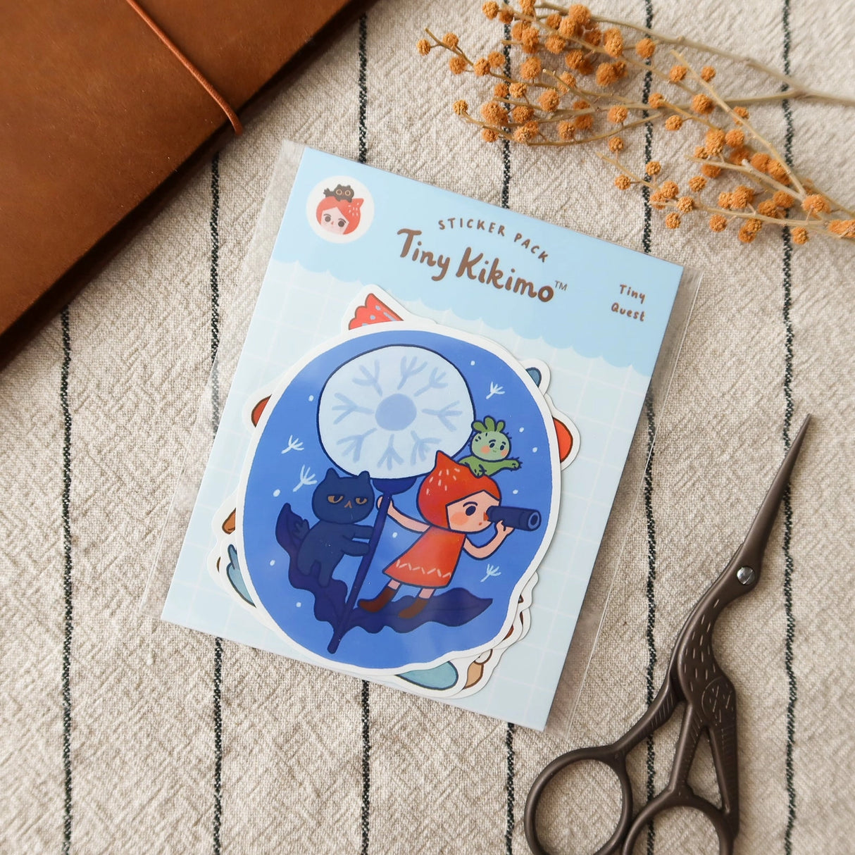A whimsical set of 3 vinyl stickers featuring Tiny Kikimo and friends on their little adventures.