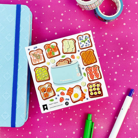 Breakfast, but make it cute. 🍞✨

This tasty little sticker sheet is stacked with the dreamiest toasts - jammy, buttery, avo-topped, sprinkle-covered, and fresh-from-the-toaster perfection. Right in the middle sits the sweetest turquoise toaster oven, ready to pop up your next carb-loaded masterpiece. It’s cozy kitchen energy with a side of creativity, perfect for planners, journals, snail mail, and anywhere that could use a warm and toasty moment. Because every great day starts with good toast.

PipSticker
