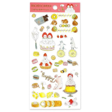 A sticker sheet with cute cats diving into sweet desserts designed by Tokoro Komugi who is known for their soft style of illustration featuring animals! Perfect for decorating letters, notebooks, and more!