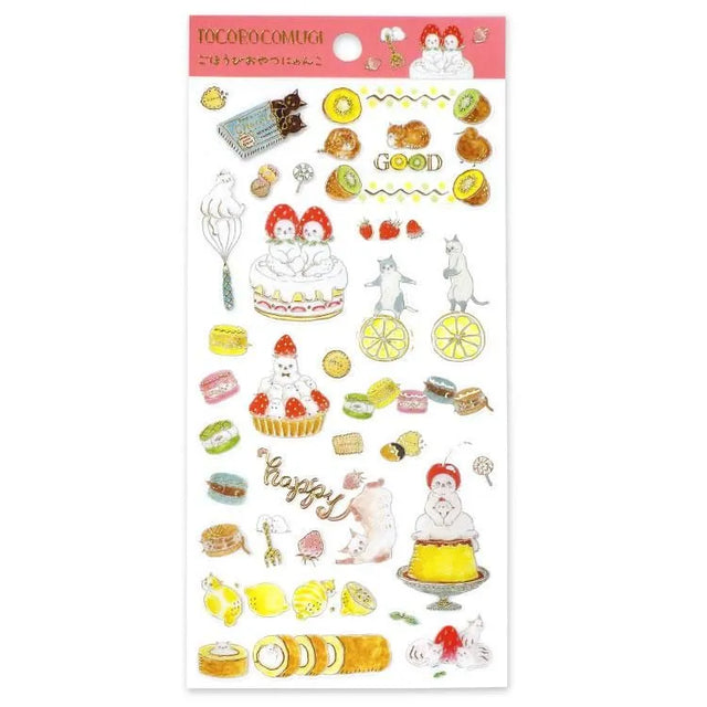 A sticker sheet with cute cats diving into sweet desserts designed by Tokoro Komugi who is known for their soft style of illustration featuring animals! Perfect for decorating letters, notebooks, and more!