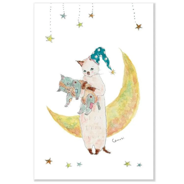 This adorable postcard features a cat ready for bed with their trusty toy! It was illustrated by artist Tokoro Komugi who is known for their soft style of illustration featuring animals.

4in x 5.8in
