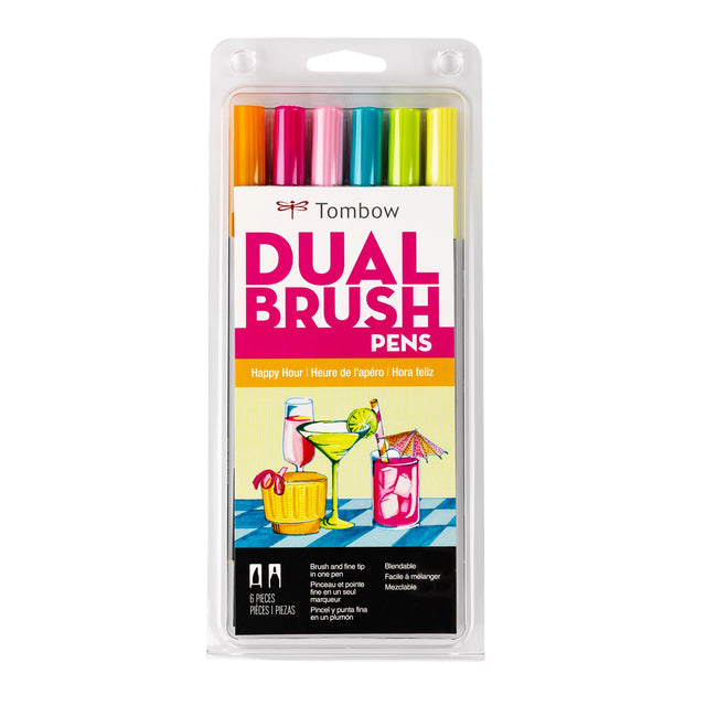 Set of 6 colors. Dual Brush Pens feature a flexible brush tip and a fine tip in one marker. The brush tip works like a paintbrush to create fine, medium, or bold strokes, while the fine tip provides consistent lines. The Happy Hour palette is inspired by vibrant cocktails and lively gatherings, with bright, playful colors that bring energy to any project. The water-based ink is blendable, and the resilient nylon brush retains its point stroke after stroke.
