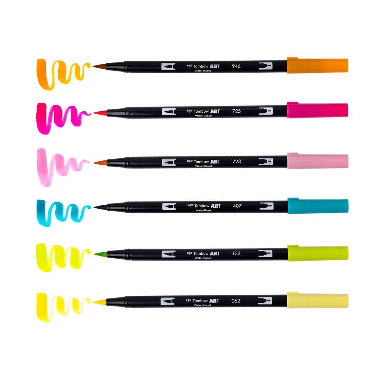 Set of 6 colors. Dual Brush Pens feature a flexible brush tip and a fine tip in one marker. The brush tip works like a paintbrush to create fine, medium, or bold strokes, while the fine tip provides consistent lines. The Happy Hour palette is inspired by vibrant cocktails and lively gatherings, with bright, playful colors that bring energy to any project. The water-based ink is blendable, and the resilient nylon brush retains its point stroke after stroke.