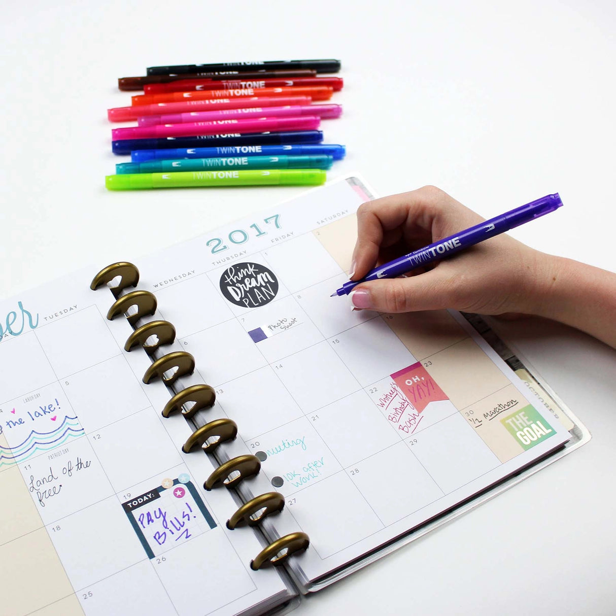 Double-sided marker creates thick or thin lines with two tip choices – broad bullet tip for bold lines or extra-fine tip for detailed, precise lines. Perfect for color-coding and decorating planners, journals, and notebooks. Create fun doodling and lettering styles with a choice of 36 colors. Water-based ink doesn’t bleed through most papers. Durable fiber point tips are long-lasting and maintain shape after use.

Bullet tip 0.8mm; extra-fine tip 0.3mm.&nbsp;