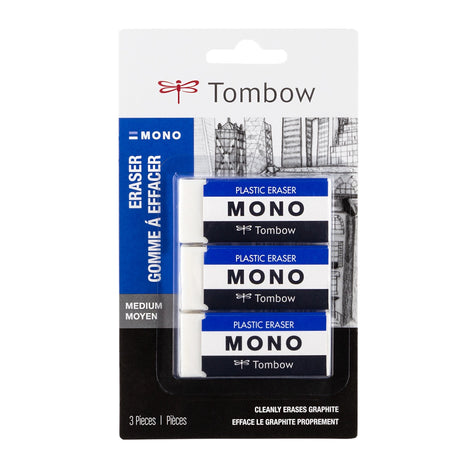 Soft plastic eraser removes marks cleanly with little pressure and no paper damage. Great for school or art. The eraser’s protective paper sleeve features rounded corners to prevent damage to the eraser during use. 3-Pack