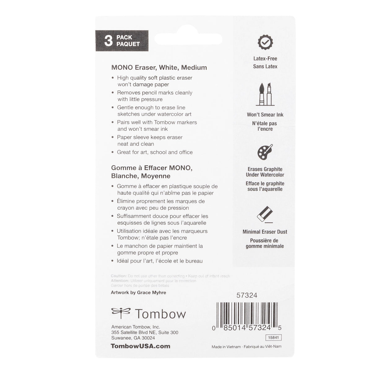 Soft plastic eraser removes marks cleanly with little pressure and no paper damage. Great for school or art. The eraser’s protective paper sleeve features rounded corners to prevent damage to the eraser during use. 3-Pack