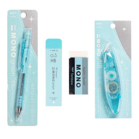 The Tombow Shimmer Stationery Set brings together four MONO favorites in a cohesive, shimmering design that adds a bit of shine to everyday stationery. Each set is thoughtfully curated to include the essentials you reach for most, all in a matching finish that feels special without sacrificing performance.&nbsp;

The MONO Graph Mechanical Pencil features Tombow’s shake mechanism for quick lead advancement and a shake lock to prevent accidental extension. The MONO Eraser delivers clean, precise erasing, whil