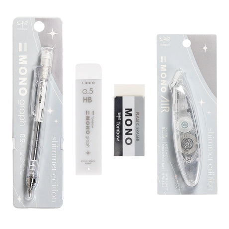 The Tombow Shimmer Stationery Set brings together four MONO favorites in a cohesive, shimmering design that adds a bit of shine to everyday stationery. Each set is thoughtfully curated to include the essentials you reach for most, all in a matching finish that feels special without sacrificing performance.&nbsp;

The MONO Graph Mechanical Pencil features Tombow’s shake mechanism for quick lead advancement and a shake lock to prevent accidental extension. The MONO Eraser delivers clean, precise erasing, whil