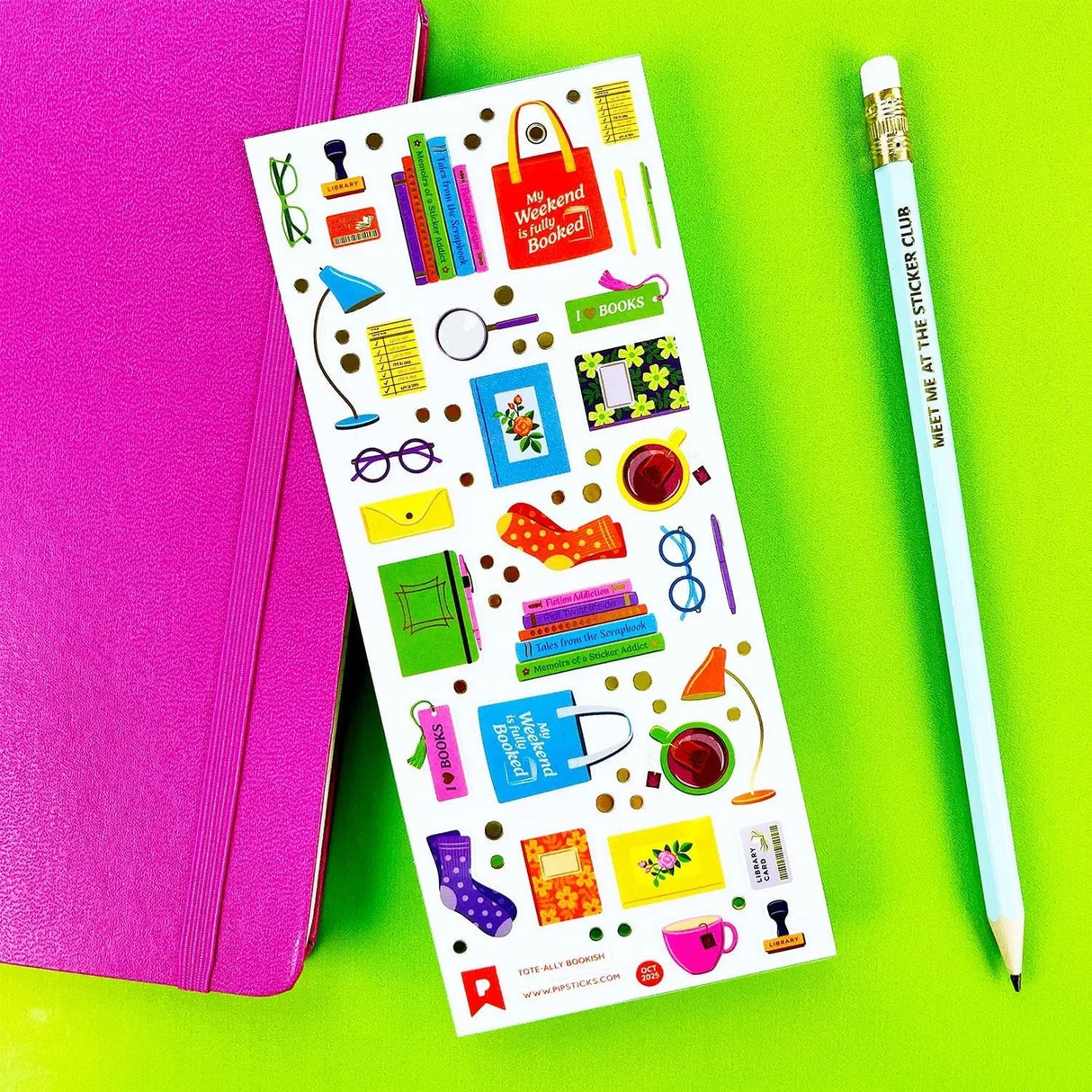 PipStickers are the PERFECT gift for the sticker lover in your life - even if it's you! These unique PVC designs with gold foil accents come on a clear backing and cannot be found anywhere else.

Includes one 3" x 7" sheet of Tote-ally Bookish PipStickers and includes the Pipsticks manifesto.