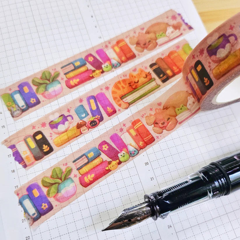 A washi tape inspired by trinket shelves and rainbow books!

Each roll of washi tape is 15mm (approximately 0.59 inches) wide and 10 meters (approximately 10.9 yards) long.