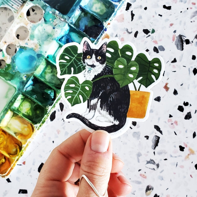 Tuxedo Cat with Monstera Sticker