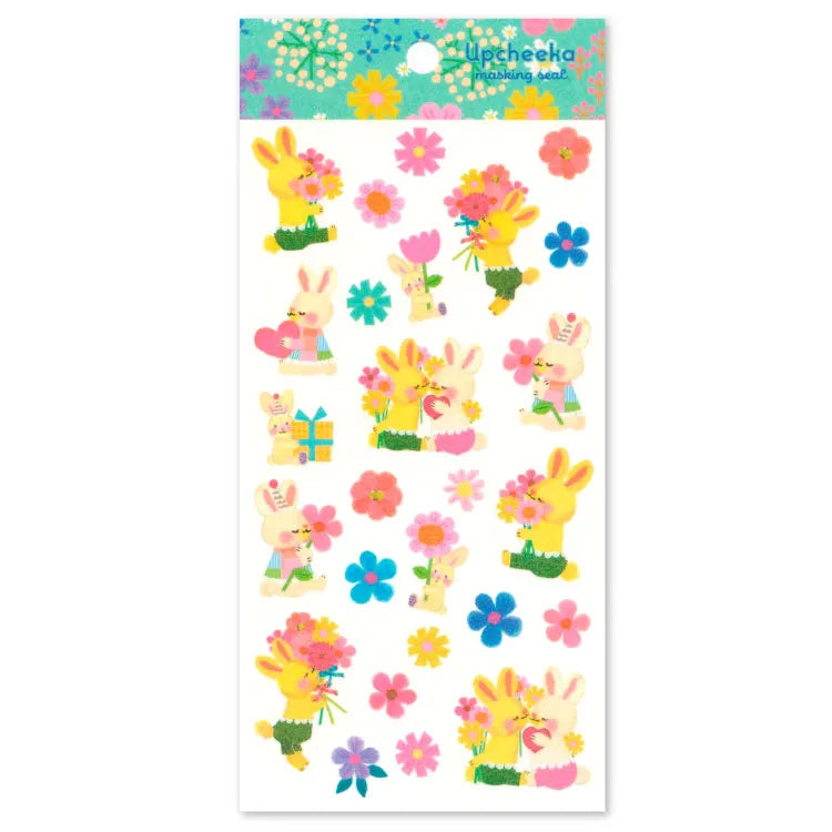 ★up (to rise) + cheek (cheek) + a (one piece) = one smile.
"Upcheeka" is a coined word.
We will bring you illustrations that makes everyone smile and gathers into just one big smile.

A sticker sheet with illustrations of two rabbits affectionately granting happy birthday wishes with lots of flowers to add both adorable and bright touches to your journal pages
