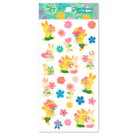 ★up (to rise) + cheek (cheek) + a (one piece) = one smile.
"Upcheeka" is a coined word.
We will bring you illustrations that makes everyone smile and gathers into just one big smile.

A sticker sheet with illustrations of two rabbits affectionately granting happy birthday wishes with lots of flowers to add both adorable and bright touches to your journal pages