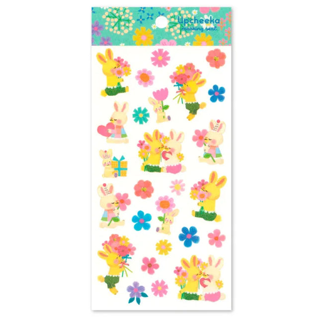 ★up (to rise) + cheek (cheek) + a (one piece) = one smile.
"Upcheeka" is a coined word.
We will bring you illustrations that makes everyone smile and gathers into just one big smile.

A sticker sheet with illustrations of two rabbits affectionately granting happy birthday wishes with lots of flowers to add both adorable and bright touches to your journal pages
