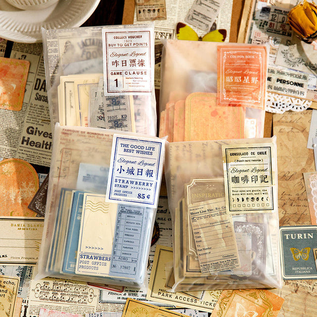This vintage themed ephemera pack includes over 100 pieces of cute paper materials in different color schemes! Each pack comes with pieces in 5 varying sizes with 2 of each design.

These pieces make great card decoration, collage pieces, or additions to your journal spreads!

4 color schemes: Ivory, Blue, Brown, and Pink
Includes 1 pack of ephemera