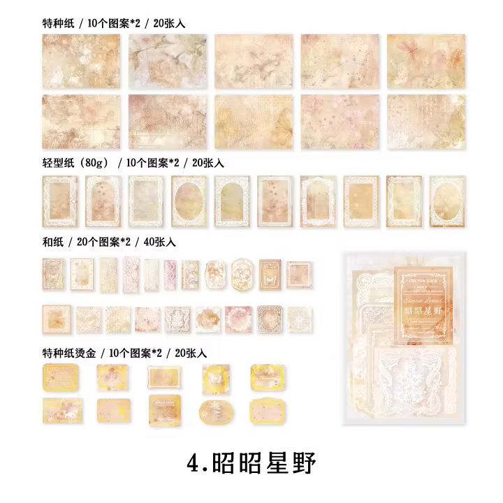 This vintage themed ephemera pack includes over 100 pieces of cute paper materials in different color schemes! Each pack comes with pieces in 5 varying sizes with 2 of each design.

These pieces make great card decoration, collage pieces, or additions to your journal spreads!

4 color schemes: Ivory, Blue, Brown, and Pink
Includes 1 pack of ephemera