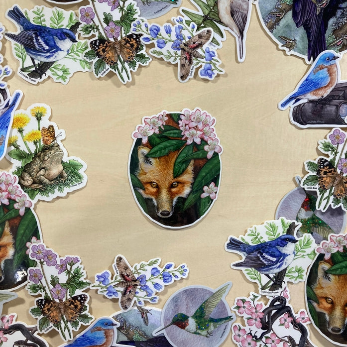Red Fox with Rhododendron Vinyl Sticker