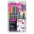Learn to use Tombow Dual Brush Pens to easily create watercolor art with the Tombow Watercolor Set. Includes a pamphlet with helpful tips and all the tools you need to start blending and mixing colors. Each set includes 5 Dual Brush Pens, Medium Water Brush, MONO Drawing Pencil, MONO Twin Permanent Marker, MONO Plastic Eraser, Blending Palette, Watercolor Guide, and Mixing Chart. Dual Brush Pen Colors Included: 885 Warm Red, 993 Chrome Orange, 249 Hunter Green, 526 True Blue, 757 Port Red.