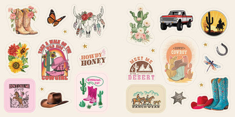 Colorful cowboy hats and boots. Lucky horseshoes and bucking broncos. Prickly cacti and desert sunsets. Delivering 500+ “cowboy-core” designs, this country-inspired StickerCore collection brings the Wild West to everyone.

Rhinestone-studded cowgirl boots, pretty paisleys, neon saloon signs, flower-crowned steer skulls, lucky horseshoes, galloping stallions, and fun sayings like “Yeehaw!” and “Howdy!”—what’s not to love about the western aesthetic?
 
 With Western Stickers, those ready to saddle up in style