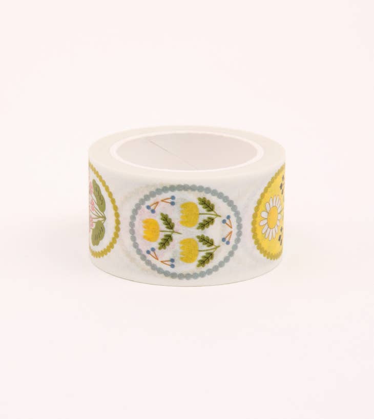 Cinta washi con emblema floral blanco