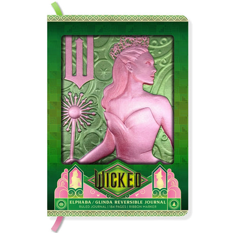 The perfect place to note your thoughts in style, this 184-page collectible journal is a stylish gift for any Wicked fan. This reversible journal can be flipped to present either Elphaba Thropp’s or Glinda Upland’s profiles, with internal pages in soft shades of green and pink and with a satin placeholder ribbon.

QUALITY CONSTRUCTION: This journal features a stunningly detailed, molded hardcover with metallic finish, 184-ruled pages of premium paper, plus a satin ribbon marker to ensure you never lose your