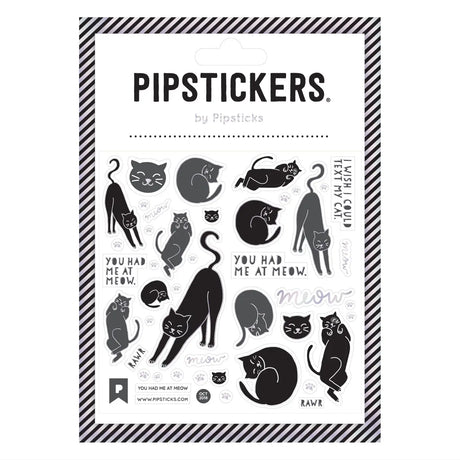 PipStickers are the PERFECT gift for the sticker lover in your life - even if it's you! These unique PVC designs with holographic silver foil accents come on a clear backing and cannot be found anywhere else. 
Includes one 4'' x 4'' sheet of You Had Me at Meow PipStickers and includes the Pipsticks manifesto.