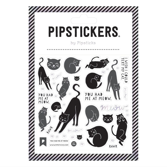 PipStickers are the PERFECT gift for the sticker lover in your life - even if it's you! These unique PVC designs with holographic silver foil accents come on a clear backing and cannot be found anywhere else. 
Includes one 4'' x 4'' sheet of You Had Me at Meow PipStickers and includes the Pipsticks manifesto.