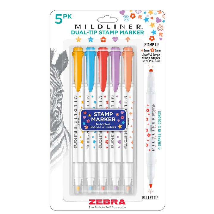 Unleash your creativity with the latest addition to the MILDLINER family! Featuring MILDLINER ink colors, the new Dual-Tip Dot and Stamp Markers offer a dot or stamp on one end and fine bullet tip on the feature soft, pastel MILDLINER colors that add a personal touch to any project. One end is equipped with fun, versatile stamps—choose between dots or unique shapes—while the other side boasts the classic bullet tip you know and love. 