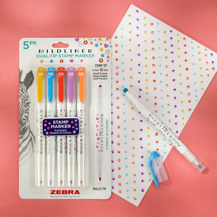 Unleash your creativity with the latest addition to the MILDLINER family! Featuring MILDLINER ink colors, the new Dual-Tip Dot and Stamp Markers offer a dot or stamp on one end and fine bullet tip on the feature soft, pastel MILDLINER colors that add a personal touch to any project. One end is equipped with fun, versatile stamps—choose between dots or unique shapes—while the other side boasts the classic bullet tip you know and love. 