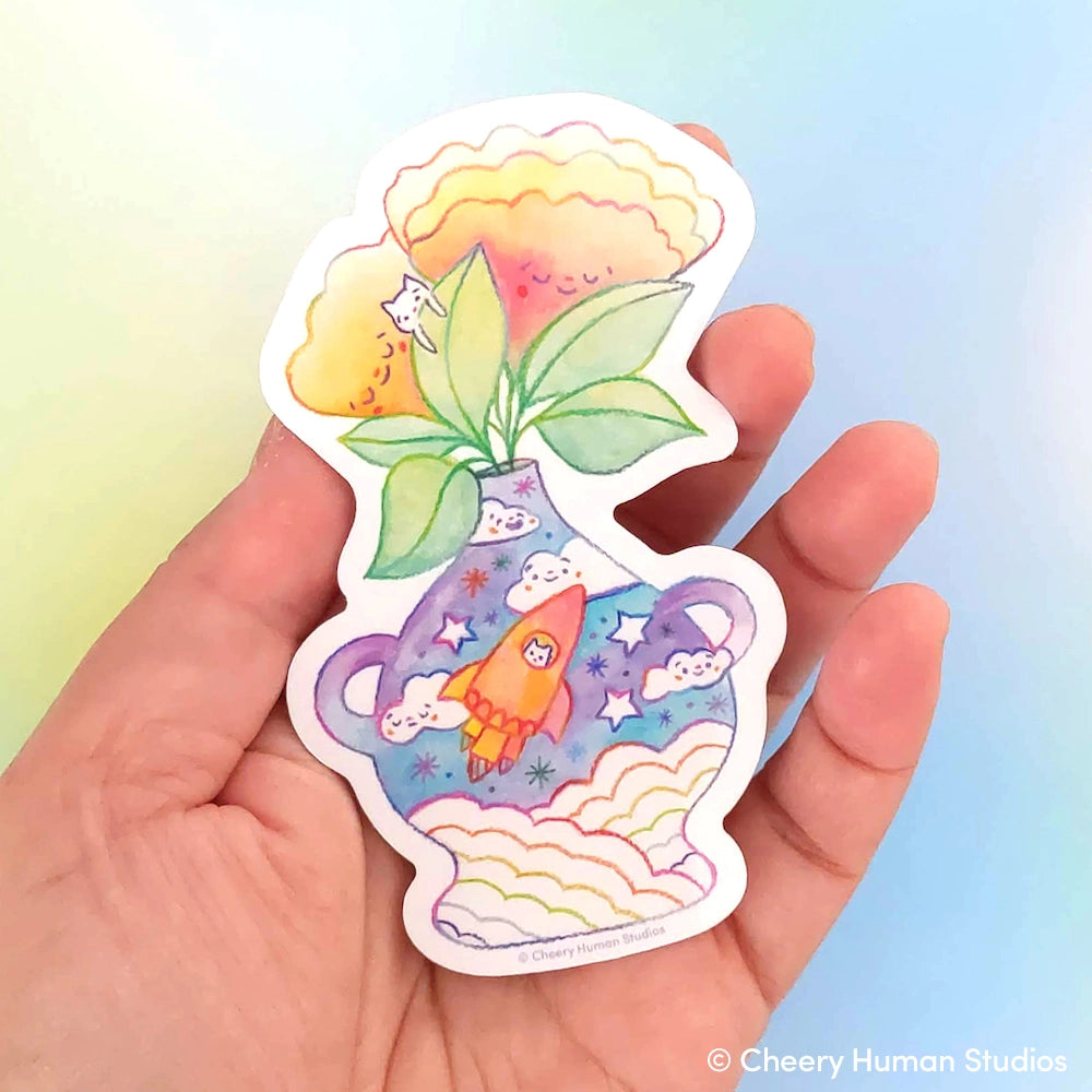 Space Cat + Flowers Vinyl Sticker