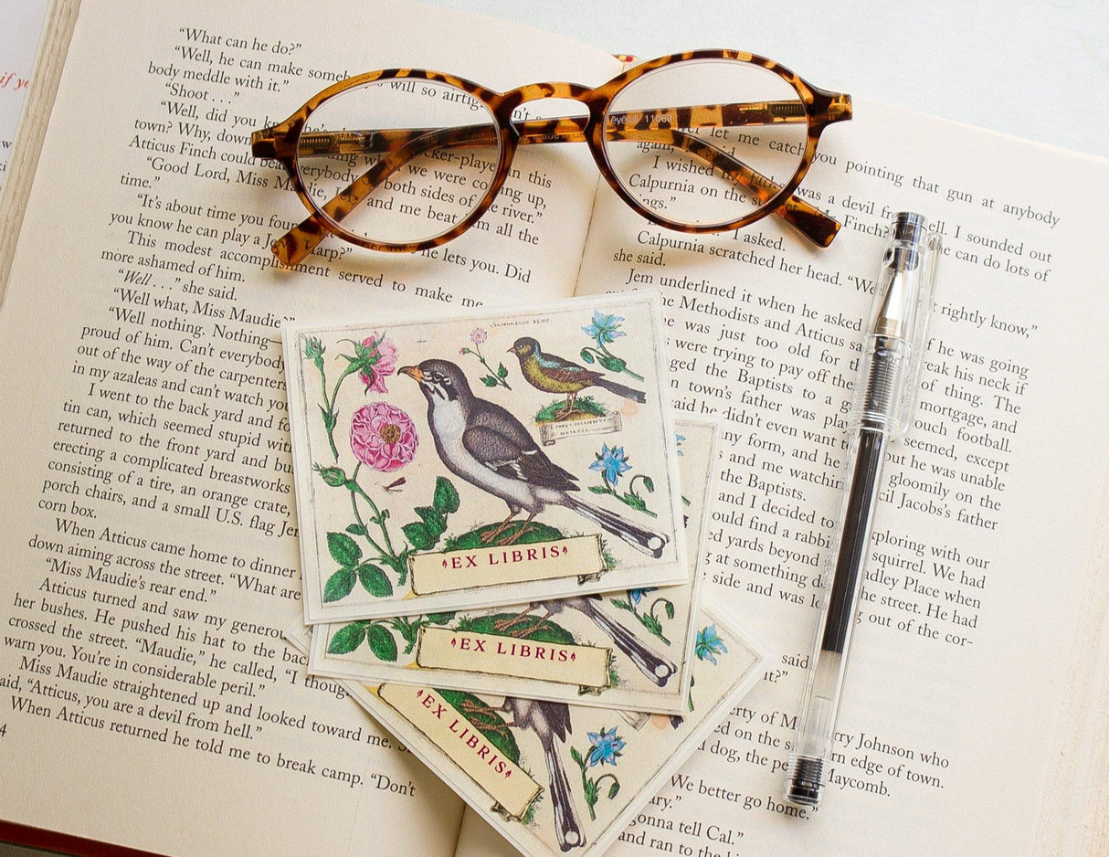 Botanical Bird and Flowers Bookplate Sticker