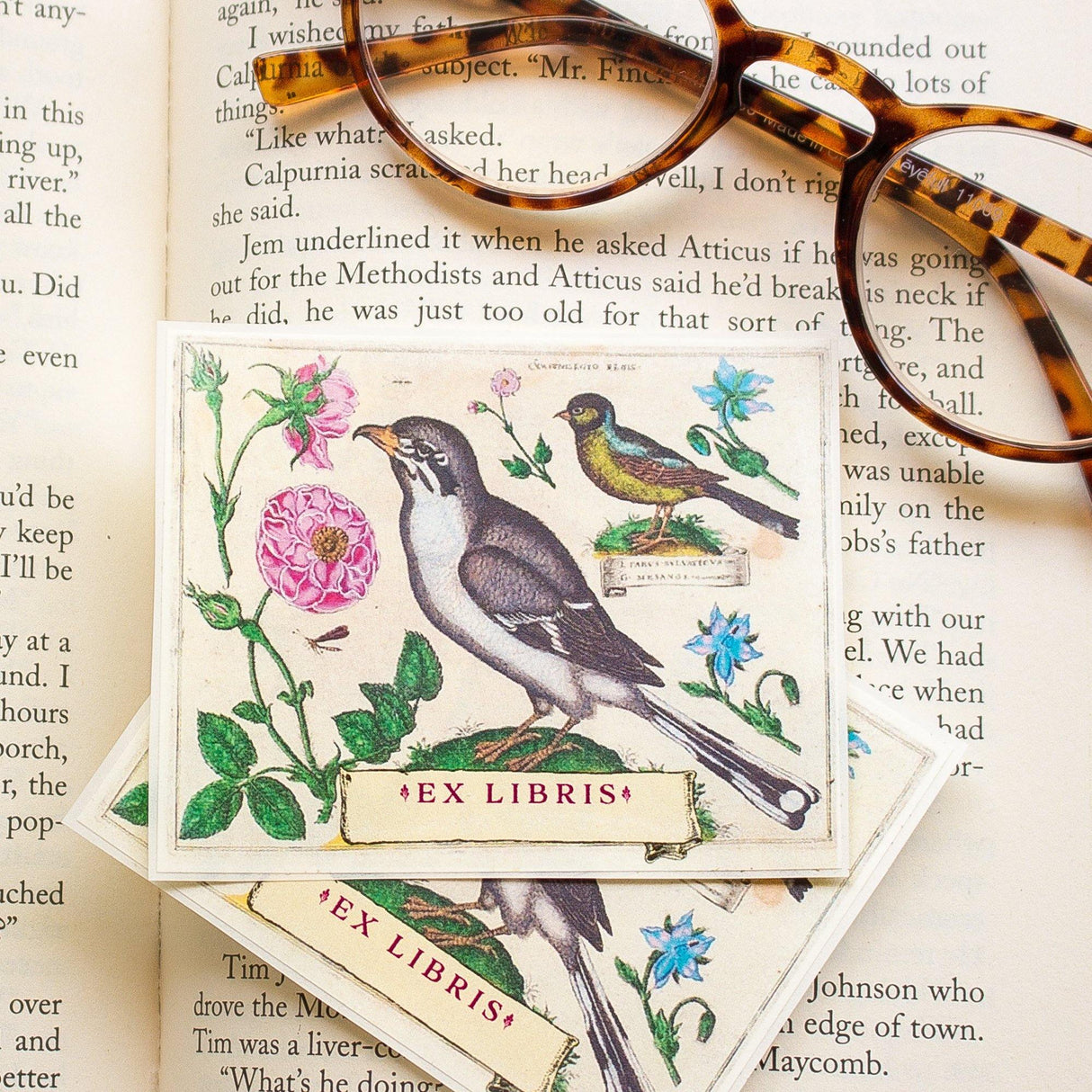 Botanical Bird and Flowers Bookplate Sticker
