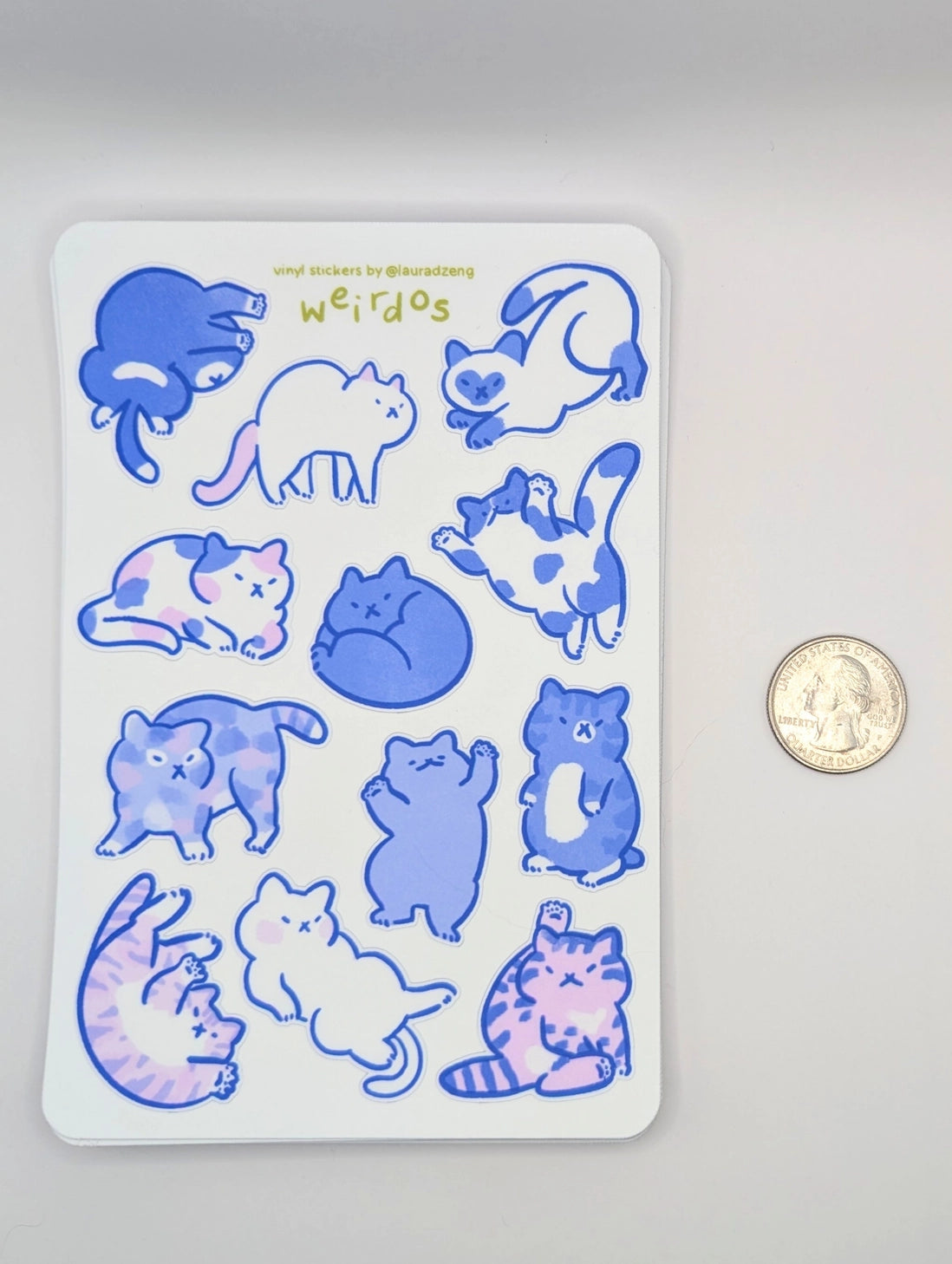 Featuring 12 adorably pudgy cats, each one sporting its own quirky personality, this 4"x6" vinyl sticker sheet is perfect for adding a touch of whimsy to your everyday items. From the cat who’s too cool for school to the one who’s just a little bit offbeat, these weirdos celebrate the joy of being different.