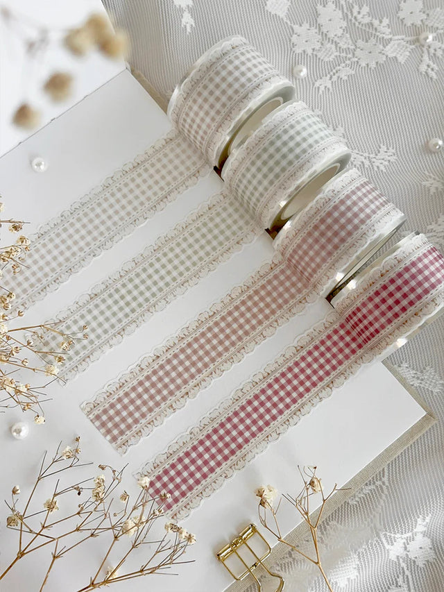 ♡ beige, sage green, brown, cherry red plaid ruffles die cut washi tape

♡ perfect for layering or adding backgrounds!

♡ 30mm wide die cut washi is very delicate, careful when unraveling!

♡ all washi is 10m long