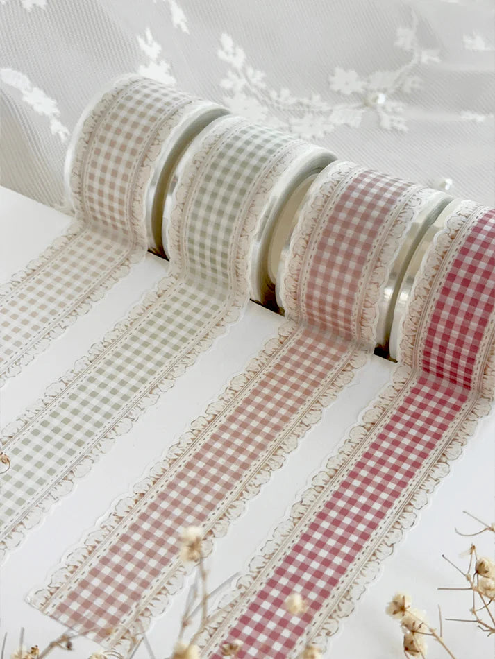 ♡ beige, sage green, brown, cherry red plaid ruffles die cut washi tape

♡ perfect for layering or adding backgrounds!

♡ 30mm wide die cut washi is very delicate, careful when unraveling!

♡ all washi is 10m long