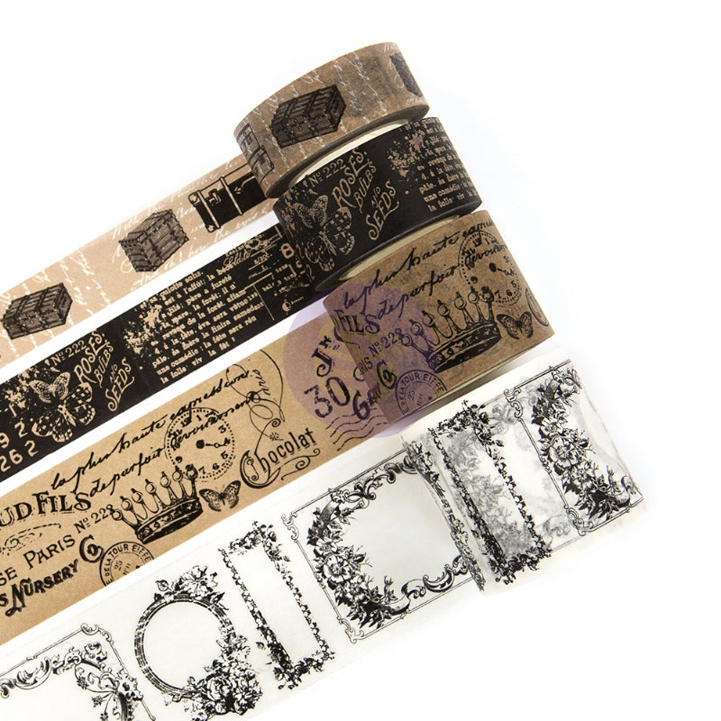 Cinta decorativa vintage PTJ para manualidades y diario de viaje Prima en blanco, paquete de 4 