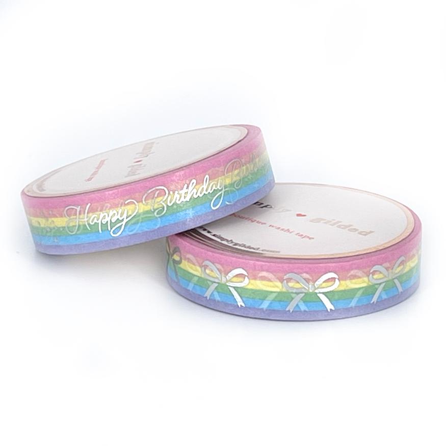Simply Gilded WASHI Set - BIRTHDAY Bow Pastel Rainbow Stripes + silver foil 10/10mm