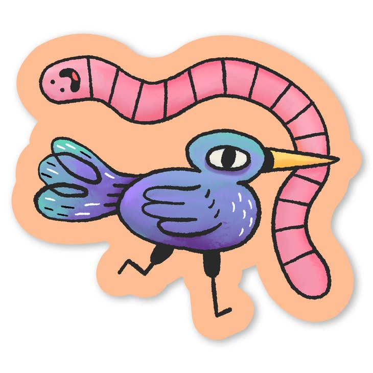Pegatina de pájaro y gusano 