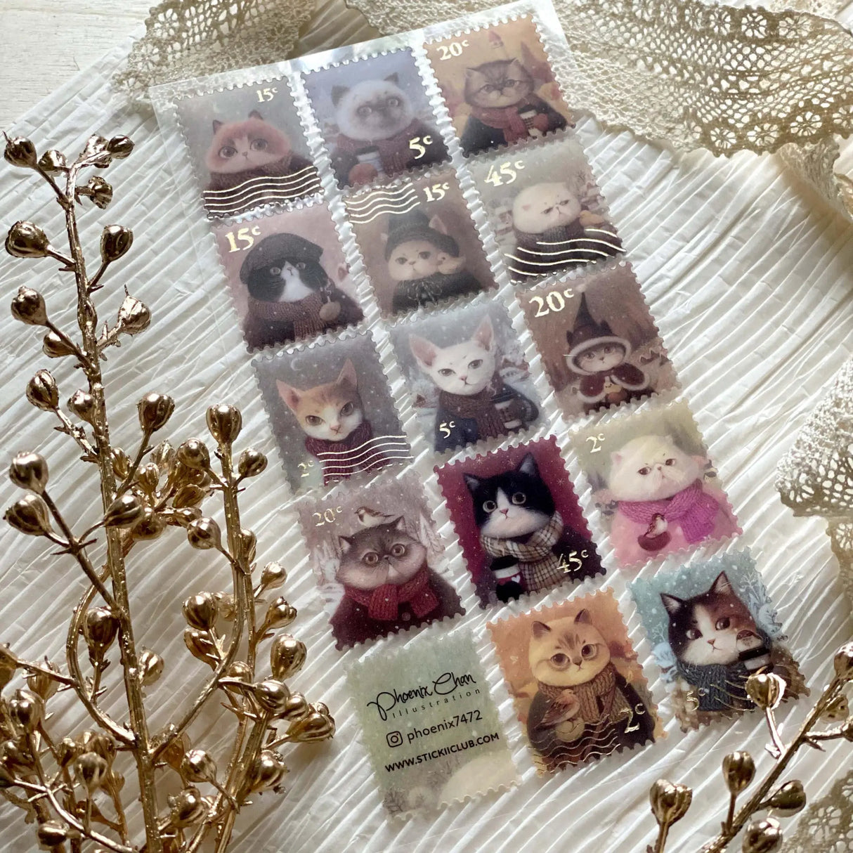 Hoja de pegatinas con sellos de gatos de invierno