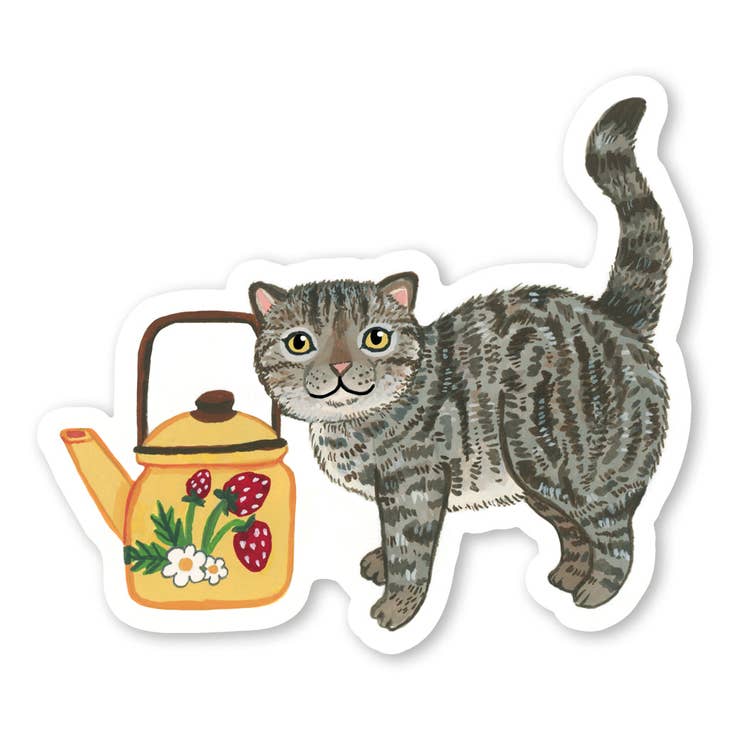 Pegatina de gato con tetera